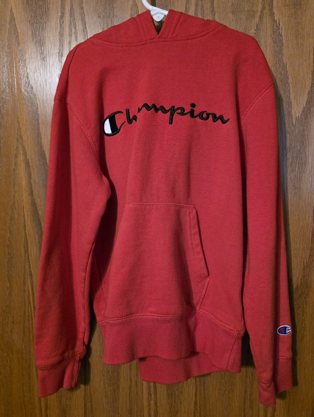 Champion Red Script Logo Crewneck Hoodie